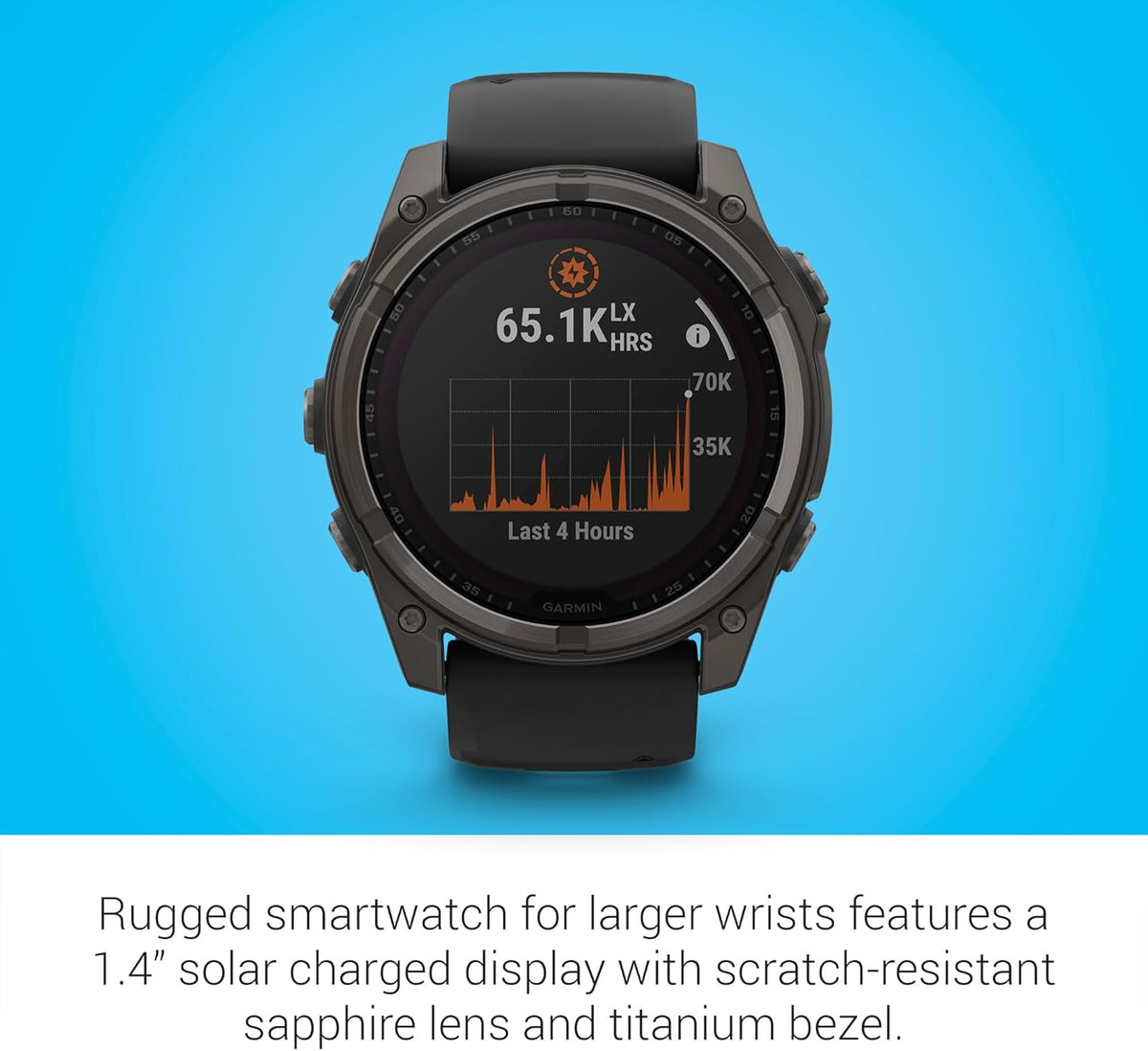 Présentation : Garmin Fenix 8 Premium Montre connectée multisport GPS pour la course à pied 51 mm, écran saphir solaire, étanche à l'énergie solaire, lampe torche intégrée, boîtier en titane DLC avec bracelet gris galet - Socle de chargement Signatur