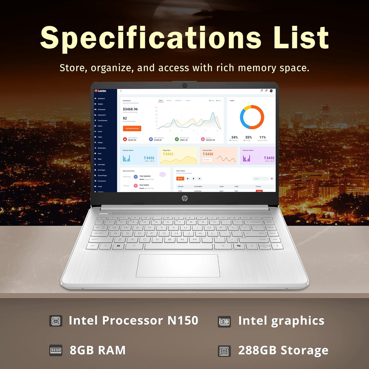 Ordinateur compact portable HP Stream 14 HD, processeur Intel N150, 8 Go de RAM, 288 Go de stockage (128 Go UFS + station d'accueil de 160 Go), carte graphique Intel, 1 an d'abonnement à Office 365, Copilot, Wi-Fi 6, Windows 11, argent naturel