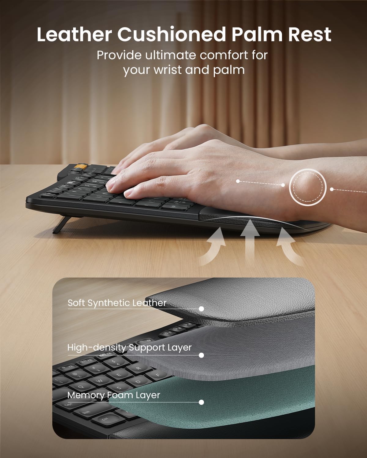 Clavier ergonomique Bluetooth rétroéclairé ProtoArc EK01 Plus, clavier à connectivité sans fil complet divisé doté de double connectivité Bluetooth et USB, repose-poignets rembourré, rechargeable, compatible Windows/Mac/Android, noir
