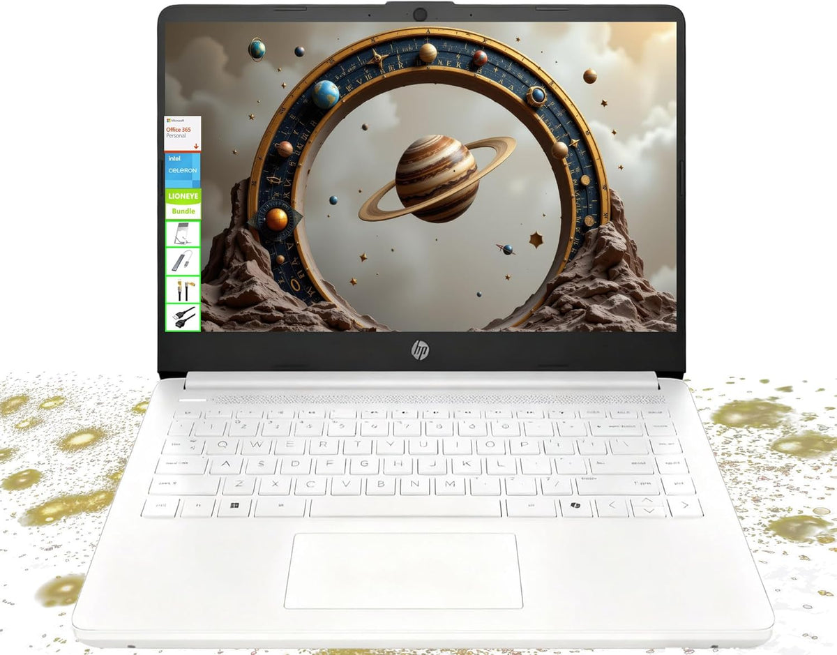 Ordinateur compact portable HP 14 HD - Processeur Intel Celeron, 8 Go de RAM, 64 Go de stockage eMMC - Léger et doté d'une autonomie de 12 h - Design élégant avec de nombreux ports - Webcam et micro intégrés - Idéal pour les professionnels, les