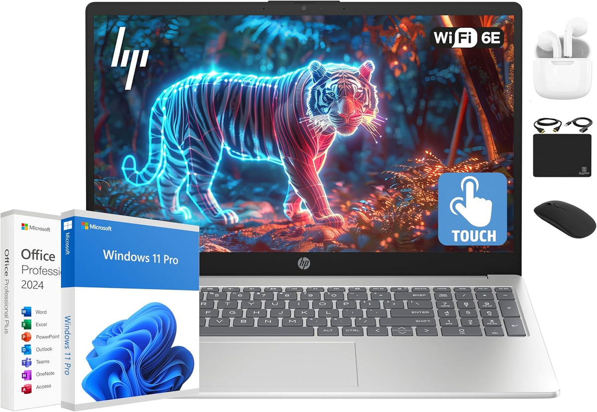 Ordinateur compact portable HP Flagship 15,6" tactile HD, processeur Intel i3 à 6 cœurs, 32 Go de RAM, 1,5 To de stockage (1 To SSD + 500 Go d'extension), Wi-Fi, batterie longue durée, HubxcelAccessory, licence à vie pour Office 2024, Windows 11