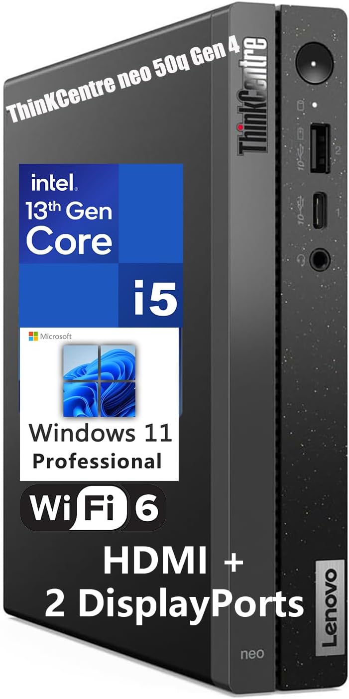 Ordinateur de bureau ultra-au format compact Lenovo ThinKCentre neo 50q Gen 4 Tiny 1L pour professionnels, processeur Intel Core i5-13420H à 8 cœurs de 13e génération (supérieur au i7-1355U), 16 Go de RAM DDR4, SSD PCIe de 512 Go, 2 ports…