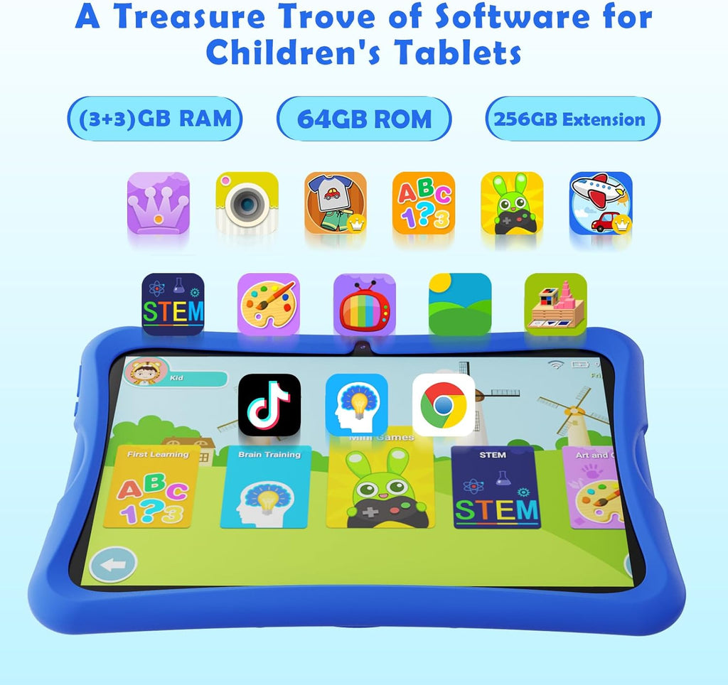 Tablette tactile DigiLand pour enfants 10,1 pouces, Android 15, 6 Go de RAM + 64 Go de ROM (extensible via carte TF), contrôle parental, applications pour enfants préinstallées, double caméra 2 MP + 5 MP, tablette éducative Android avec étui de prote