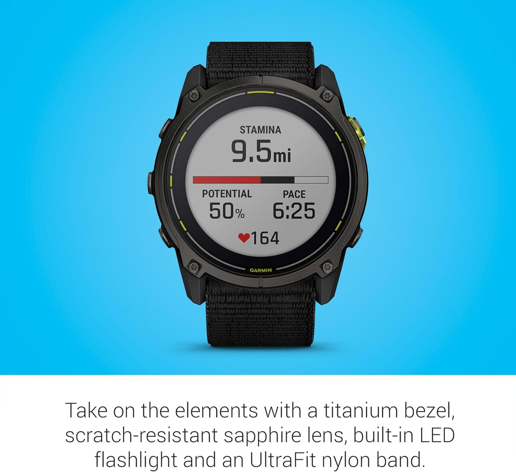 Présentation : Garmin Enduro™ 3 – 51 mm Montre connectée GPS ultra-performante avec boîtier en titane DLC gris carbone et bracelet en nylon noir UltraFit