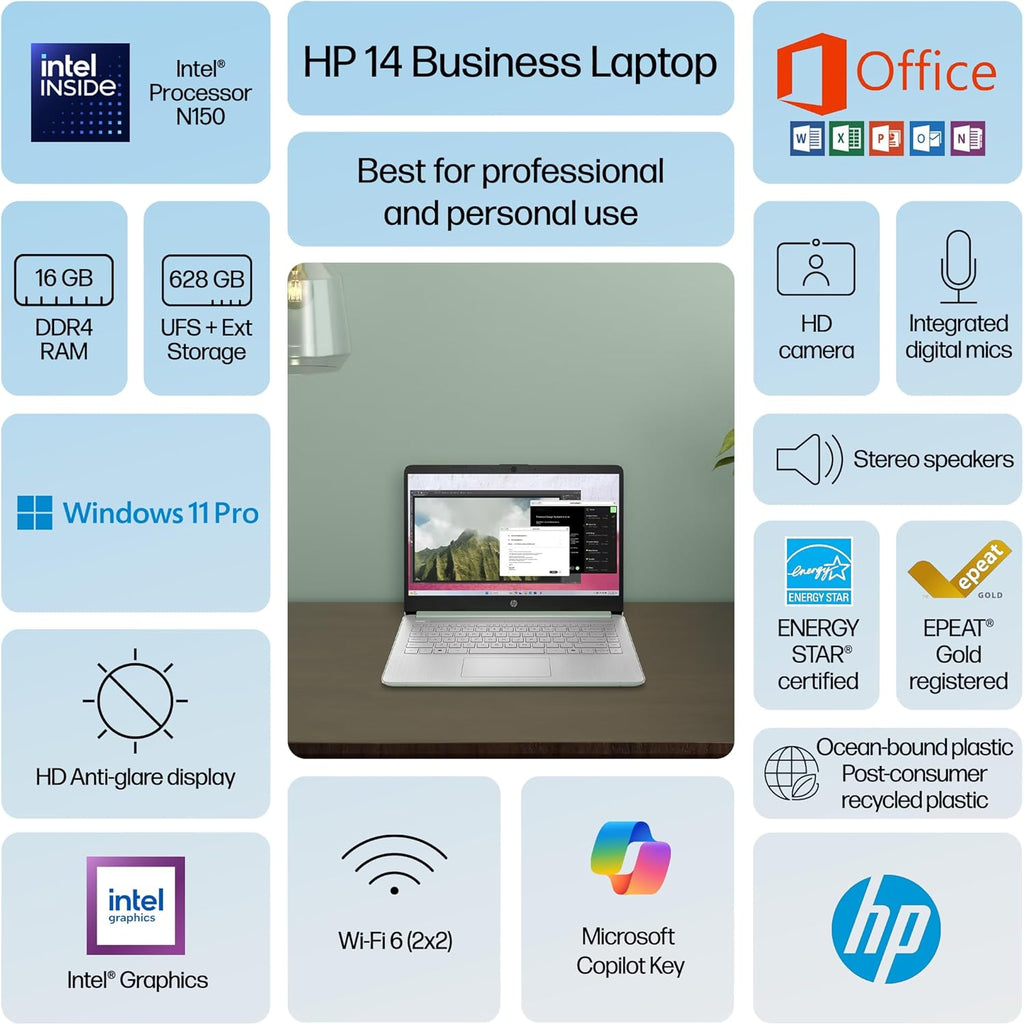 Ordinateur compact portable HP 14 (2025-2026) : Professionnel, Étudiant, Copilot AI, Suite Office à vie, Processeur Intel quadricœur, 16 Go de RAM, 628 Go de stockage (128 Go UFS + 500 Go d'extension), Wi-Fi 6, Autonomie de plus de 10 heures