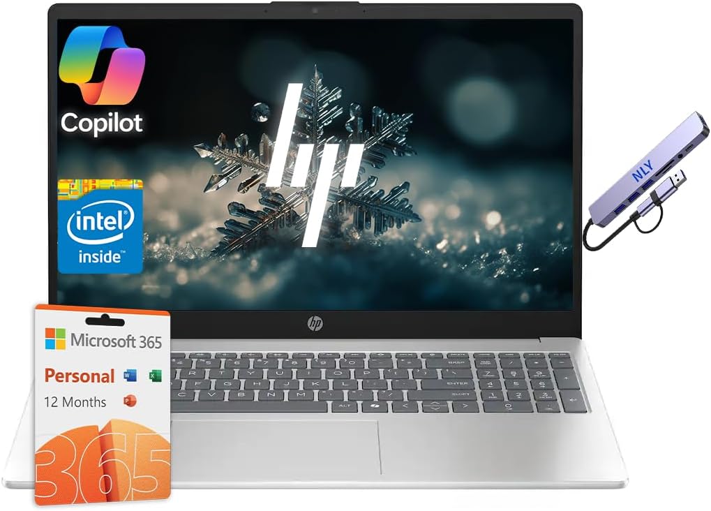 Ordinateur compact portable HP 15,6 pouces pour professionnels et étudiants avec Microsoft Office 365, processeur Intel quadricœur, Windows 11, 32 Go de RAM, 640 Go de stockage (128 Go UFS + station d'accueil de 512 Go), pavé numérique, argent