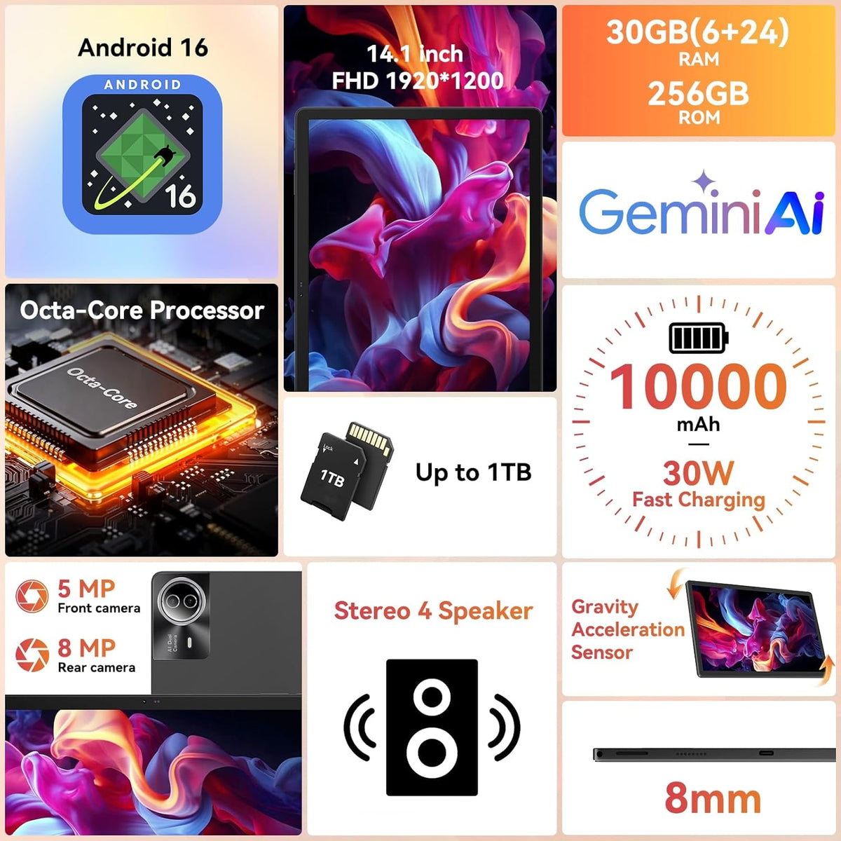 Tablette tactile URAO | Tablette Android 16 de 14 pouces | 30 Go de RAM, 256 Go de ROM | Écran IPS Full HD 1920 x 1200 | Batterie 10 000 mAh, charge rapide 30 W | Processeur octocœur | Wi-Fi 6, Bluetooth 5.4 | Double caméra et clavier | Souris | Styl