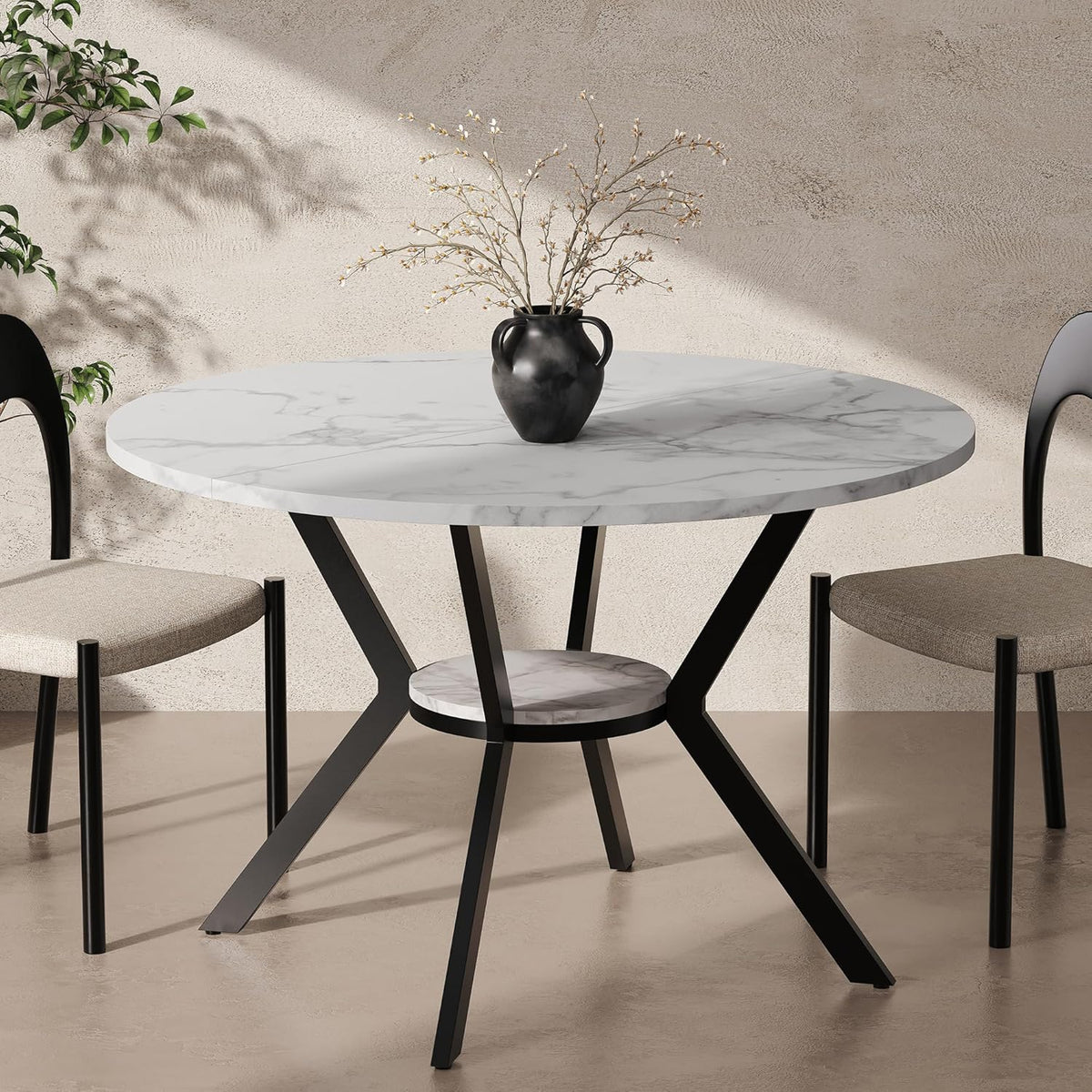 Table ronde de 107 cm (42 pouces) pour 2 à 4 personnes, table de cuisine moderne dotée de plateau en imitation marbre et pieds en métal, table ronde gain de place avec rangement, table en bois pour cuisine et salle à manger.