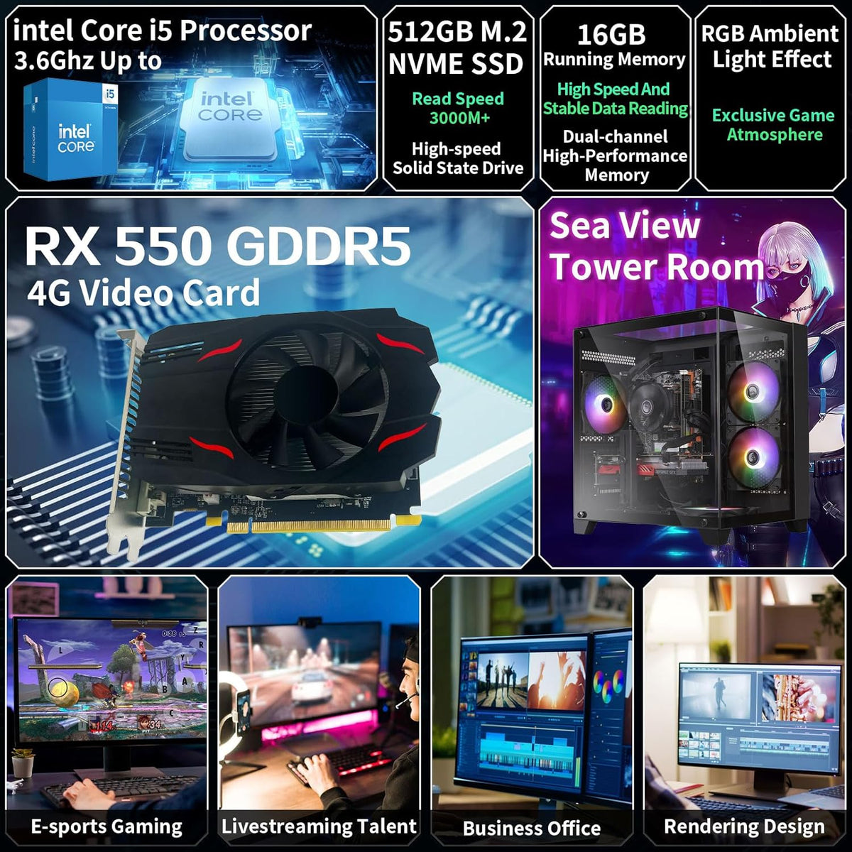 PC de bureau gaming pré-assemblé, processeur Intel Core i5 cadencé à 3,2-3,6 GHz, carte graphique RX550 doté de 4 Go de mémoire vidéo GDDR5, 16 Go de RAM, SSD NVMe de 512 Go, Wi-Fi 5, 4 ventilateurs RGB, Windows 11