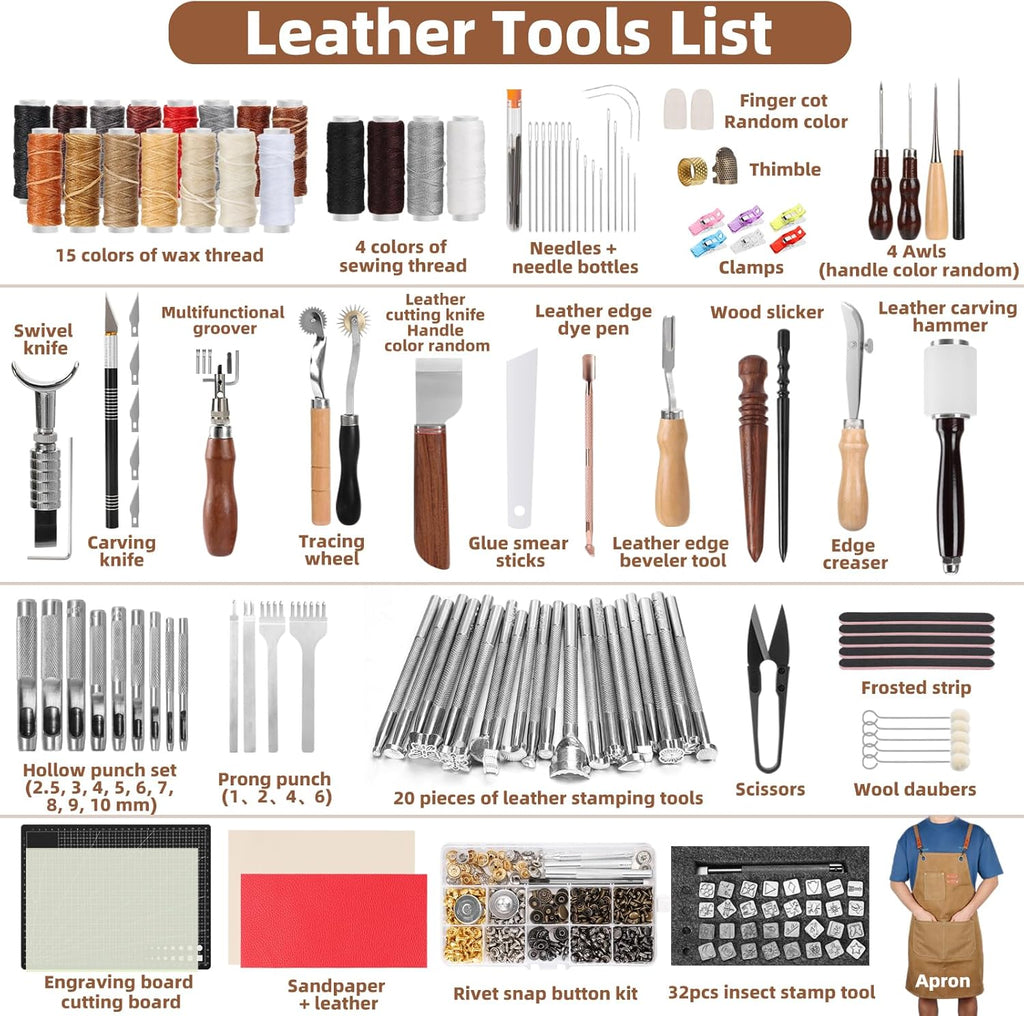 Kit d'outils pour un usage professionnel du cuir : ensemble complet incluant un tablier, des tapis de découpe, des outils de marquage, de gravure, de poinçonnage, de couture et de ponçage pour la fabrication et la réparation du cuir. adapté à les…