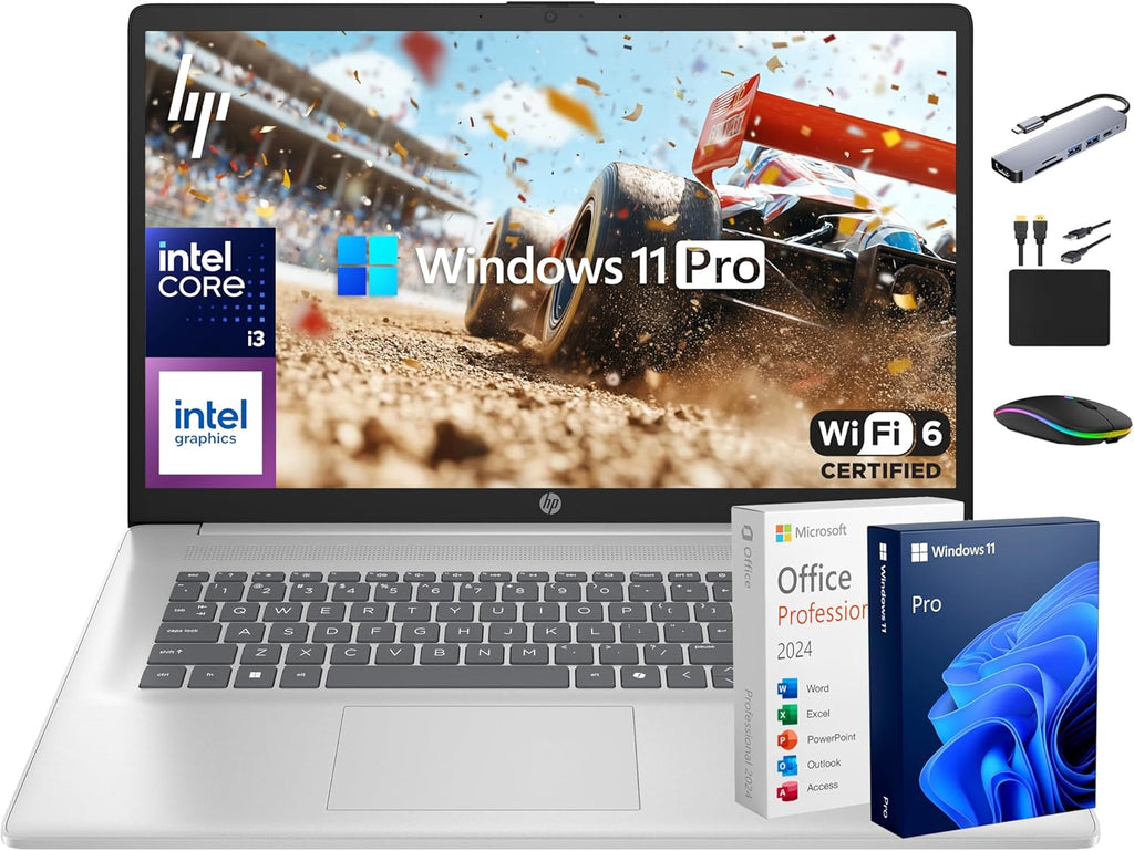 Ordinateur compact portable HP 17 Professionnel, garantie à vie 2025, MS Office, écran HD+ 17,3 pouces, processeur Intel i3 8 cœurs, 16 Go de RAM, 1 To de stockage (500 Go SSD + 500 Go externe), Wi-Fi 6, batterie longue durée, MarxsolAccessory