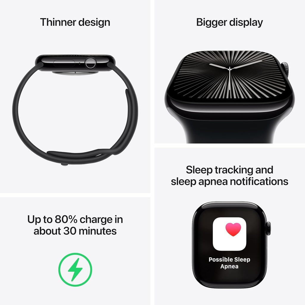 Présentation : Apple Watch Series 10 GPS 46 mm - Boîtier en aluminium noir de jais avec bracelet sport noir M/L (Reconditionnée)