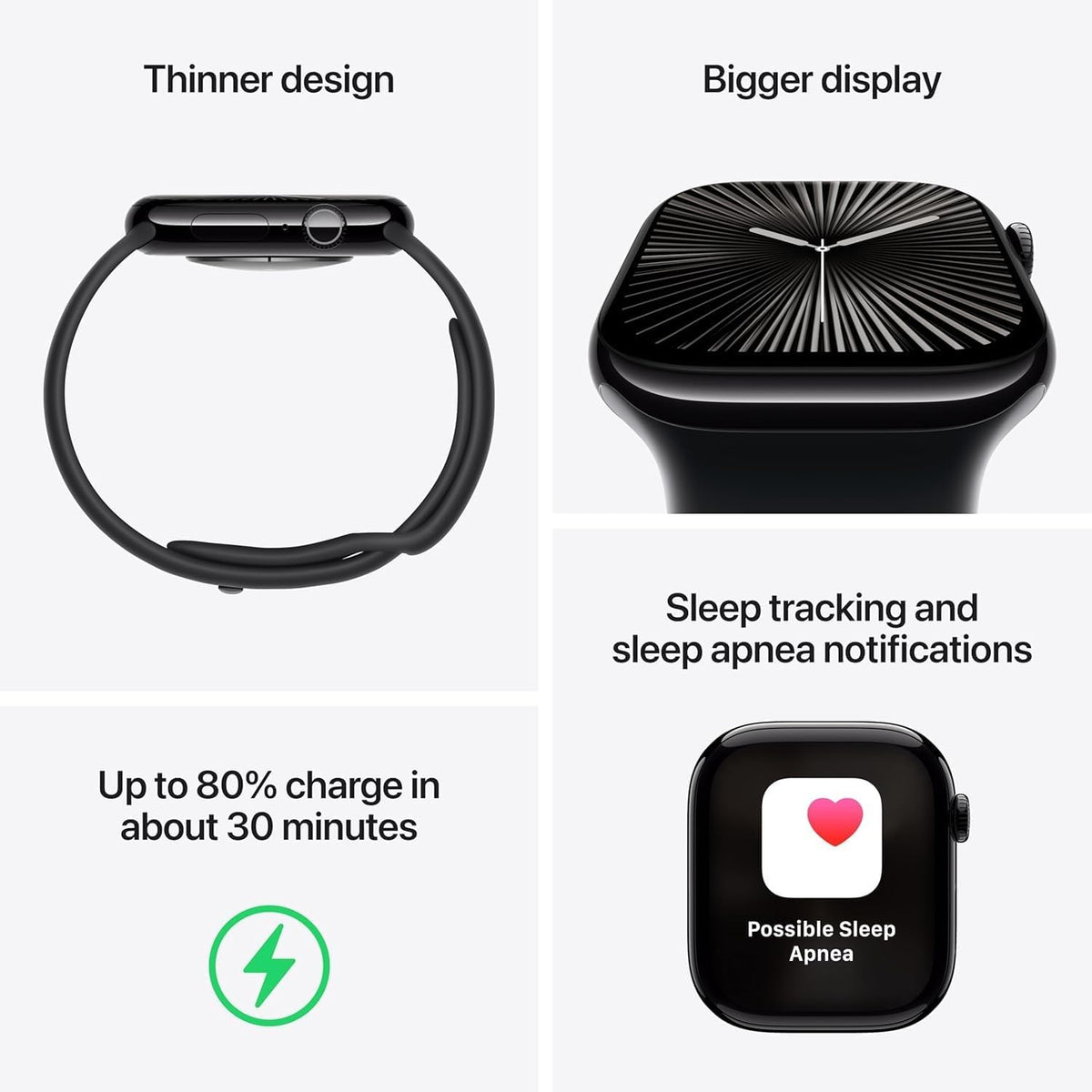 Présentation : Apple Watch Series 10 GPS 46 mm - Boîtier en aluminium noir de jais avec bracelet sport noir M/L (Reconditionnée)