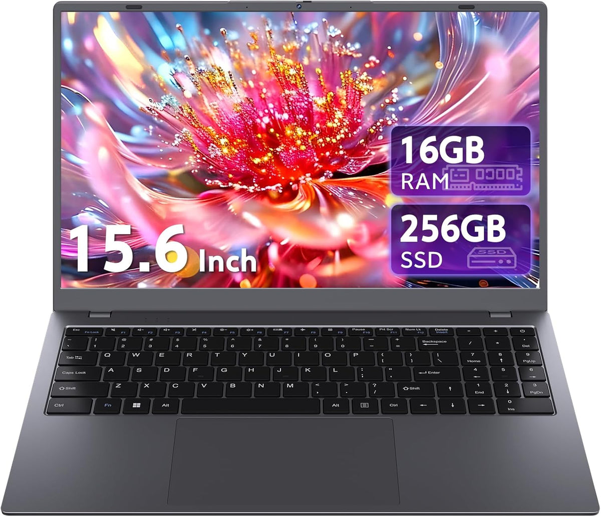 Ordinateur compact portable avec 16 Go de RAM, processeur Pentium 6500Y (plus performant que le N5095 jusqu'à 3,4 GHz), SSD de 256 Go, écran IPS Full HD de 15,6 pouces, ports USB Type-C, USB 3.2 et HDMI, et une autonomie longue durée.