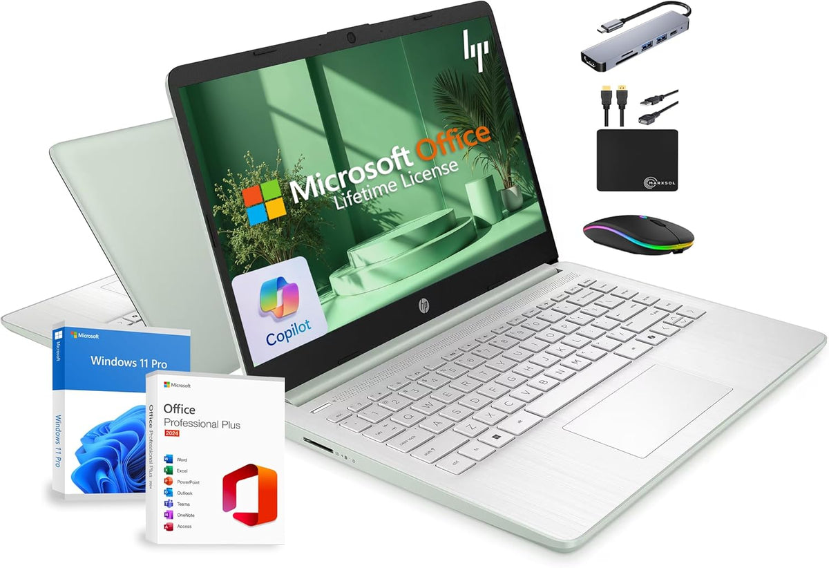 Ordinateur compact portable HP 14 (édition 2025) : Professionnel, Étudiant, Fin, Licence à vie pour Microsoft Office, Copilot AI, Processeur Intel quadricœur, 16 Go de RAM, 628 Go de stockage (128 Go UFS + 500 Go d'extension), Accessoires Marxsol