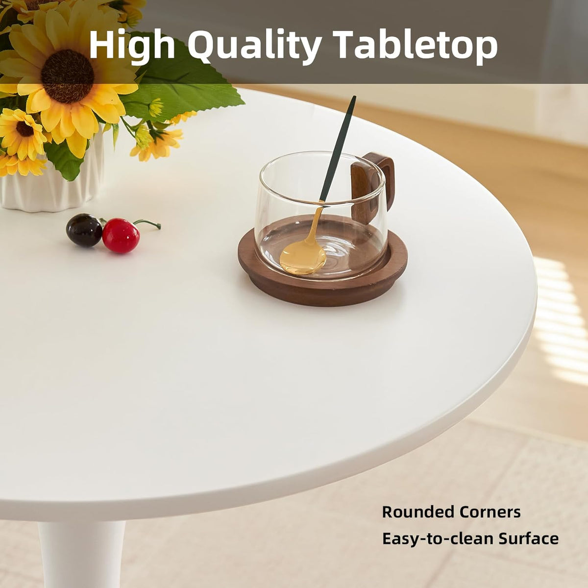 Table de salle à manger ronde, table tulipe circulaire de 80 cm dotée de plateau épais et pied en métal, table bistro moderne du milieu du siècle pour cuisine, petits espaces, salon, café (blanche)