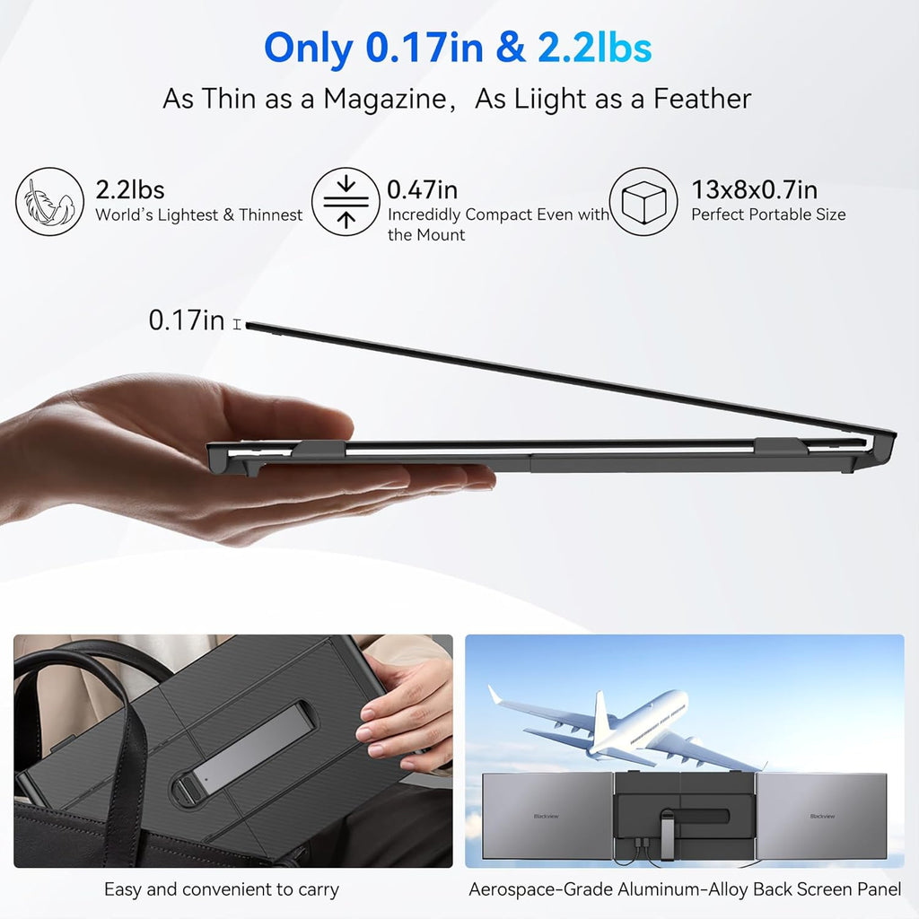 Blackview DCM6 Triple écran pour ordinateur compact portable 14 pouces, 1080p FHD IPS, écran externe compact portable, deux câbles USB-C, idéal pour les voyages, compatible avec les ordinateurs portables de 13 à 17 pouces, Plug & Play