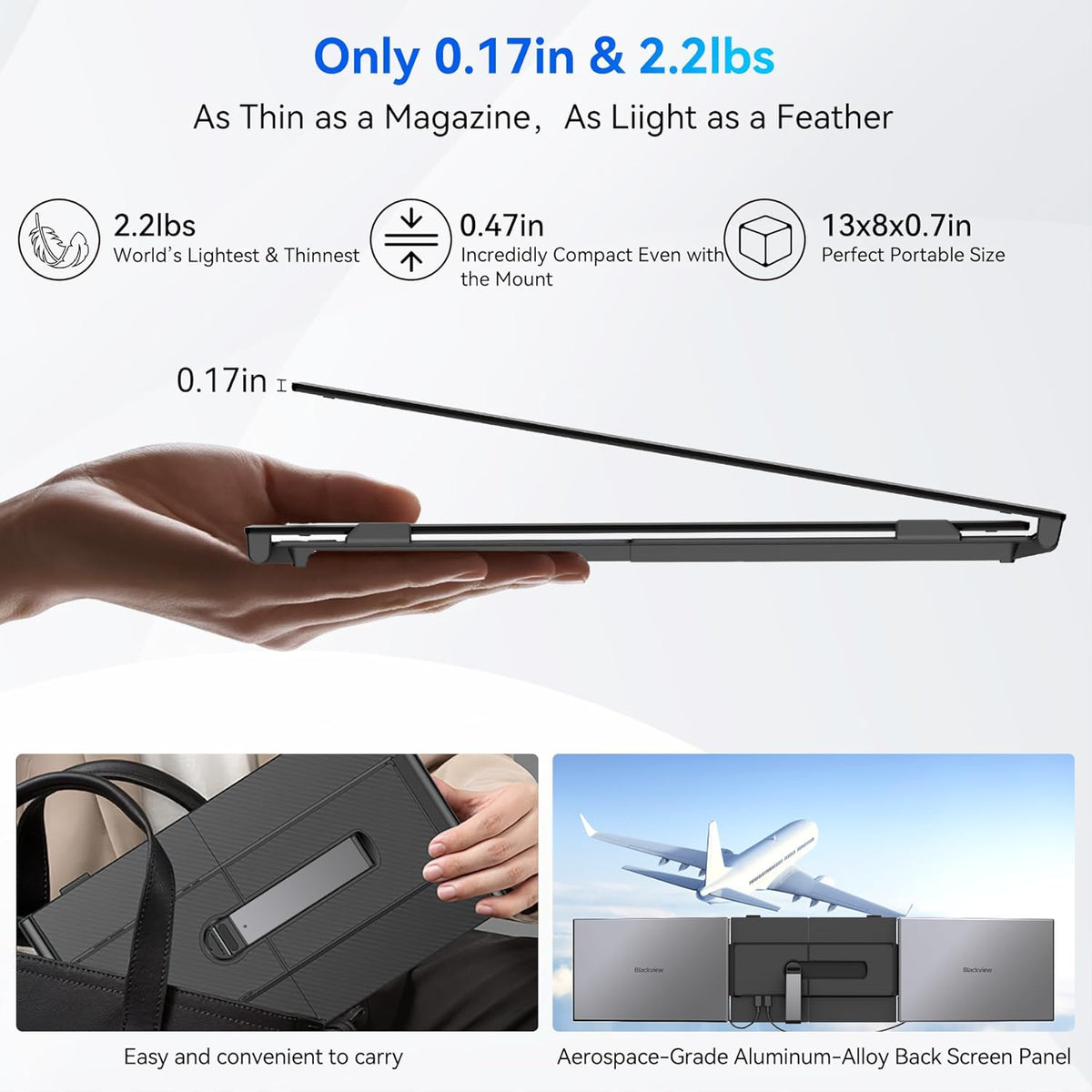 Blackview DCM6 Triple écran pour ordinateur compact portable 14 pouces, 1080p FHD IPS, écran externe compact portable, deux câbles USB-C, idéal pour les voyages, compatible avec les ordinateurs portables de 13 à 17 pouces, Plug & Play