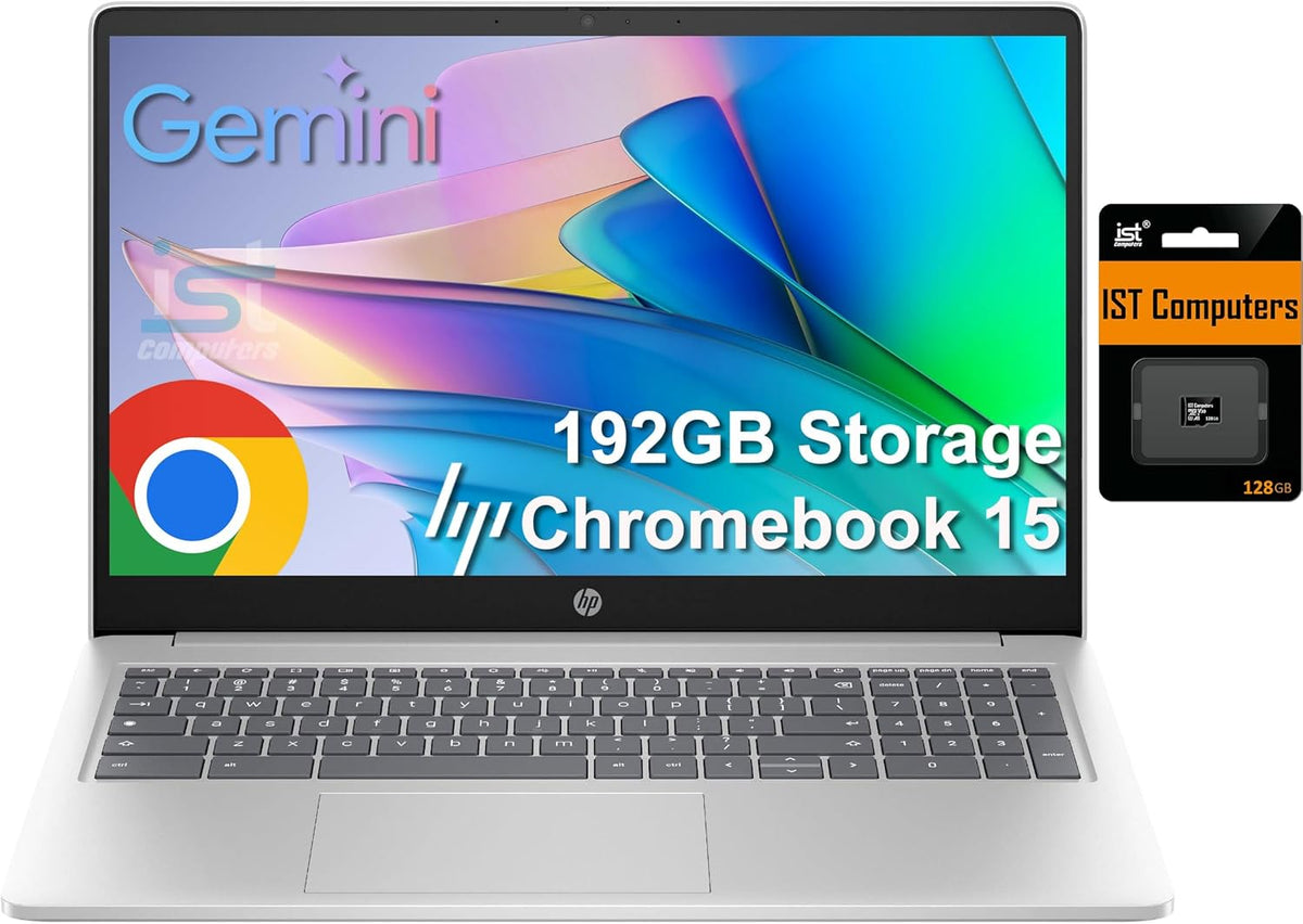 Ordinateur compact portable HP Chromebook 15 (15,6 pouces antireflet, processeur Intel N200, 8 Go de RAM DDR5, 192 Go de stockage (64 Go eMMC + 128 Go SD), processeur quadricœur (> i3-1115G4), clavier numérique), usage familial et étudiant, webcam