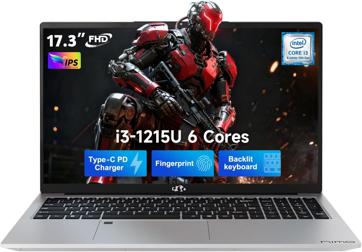 Ordinateur compact portable NIMO 17,3" FHD IPS, processeur Intel Core i3-1215U (plus performant qu'un i5-1135G7), 16 Go de RAM, SSD de 512 Go, Windows 11 Famille, Wi-Fi 6, clavier rétroéclairé, lecteur d'empreintes digitales, port USB-C, charge