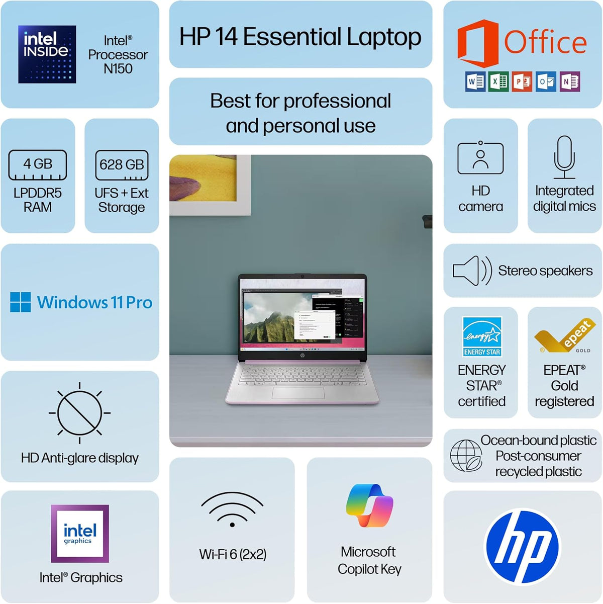 Ordinateur compact portable HP 14" Ultra Léger et Fin 2026 Premium, MS Office, Copilot AI, processeur Intel quadricœur, 4 Go de RAM DDR5, 628 Go de stockage (128 Go UFS + 500 Go extensible), batterie longue durée, MarxsolAccessory, Windows 11
