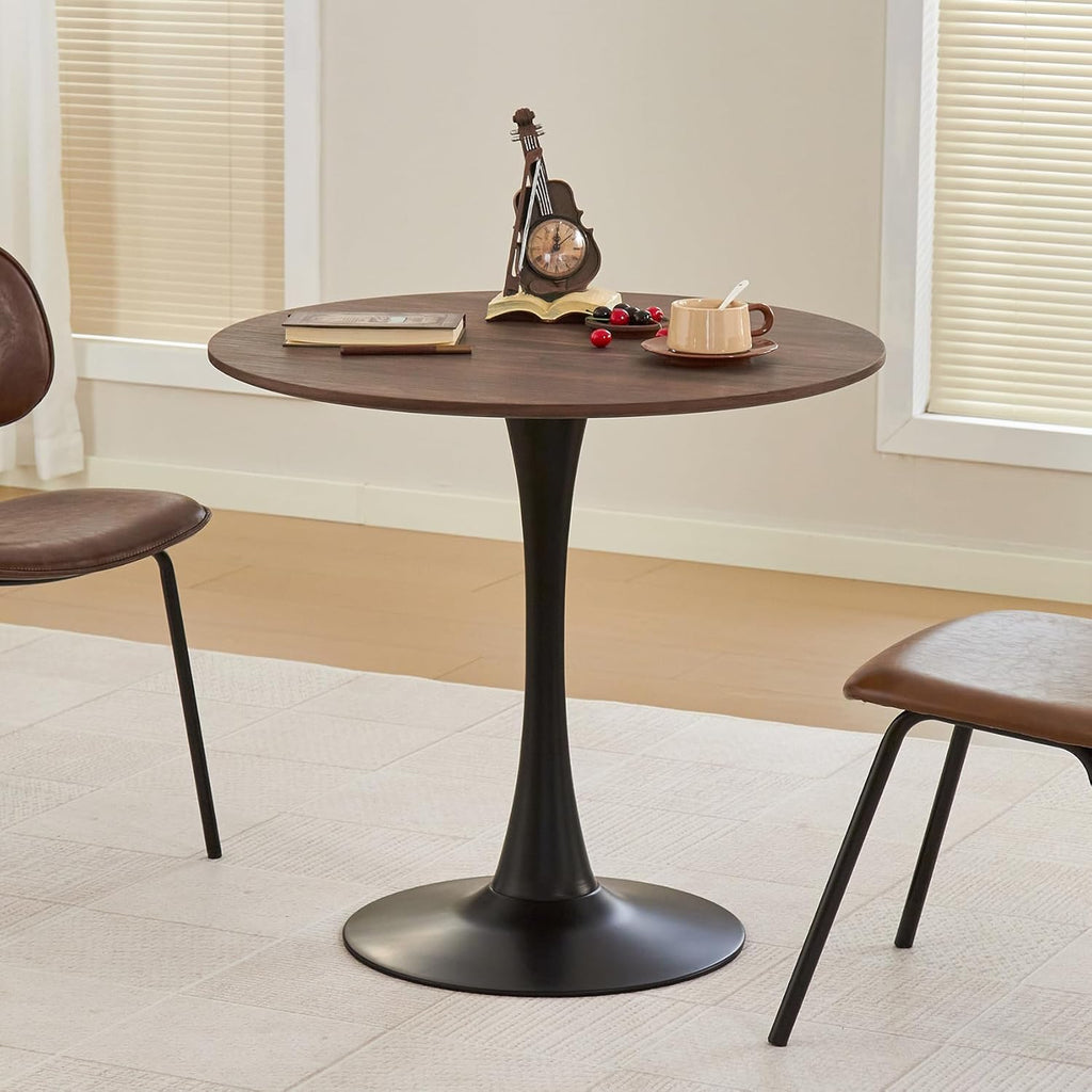Table de salle à manger ronde, table tulipe circulaire de 80 cm dotée de plateau épais et pied en métal, table bistro moderne du milieu du siècle pour cuisine, petits espaces, salon, café (imitation noyer)