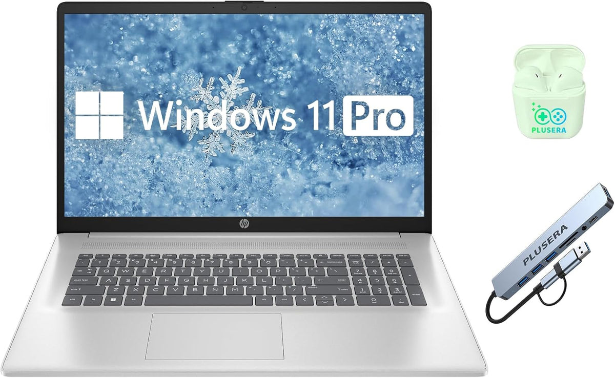 Ordinateur compact portable HP 17,3" HD+ Professionnel et Étudiant, 16 Go de RAM, SSD de 1 To, Processeur Intel Core i3 à 8 cœurs, Windows 11 Pro, Clavier numérique, Wi-Fi 6, Écouteurs PLUSERA et hub 8 en 1, Argent naturel