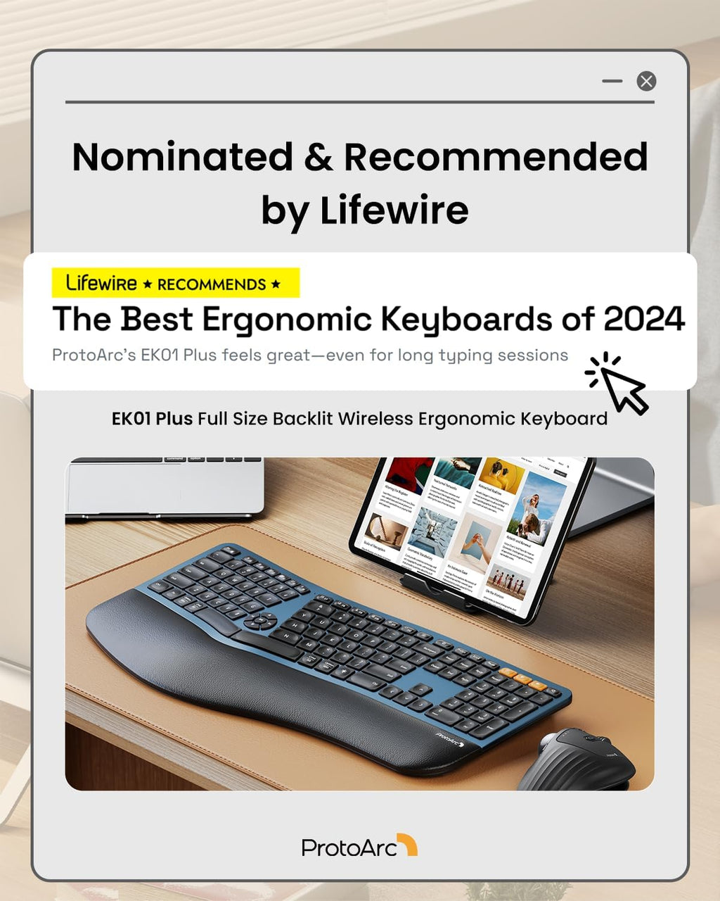 Clavier ergonomique Bluetooth rétroéclairé ProtoArc EK01 Plus, clavier à connectivité sans fil complet divisé doté de double connectivité Bluetooth et USB, repose-poignets rembourré, rechargeable, compatible Windows/Mac/Android, bleu