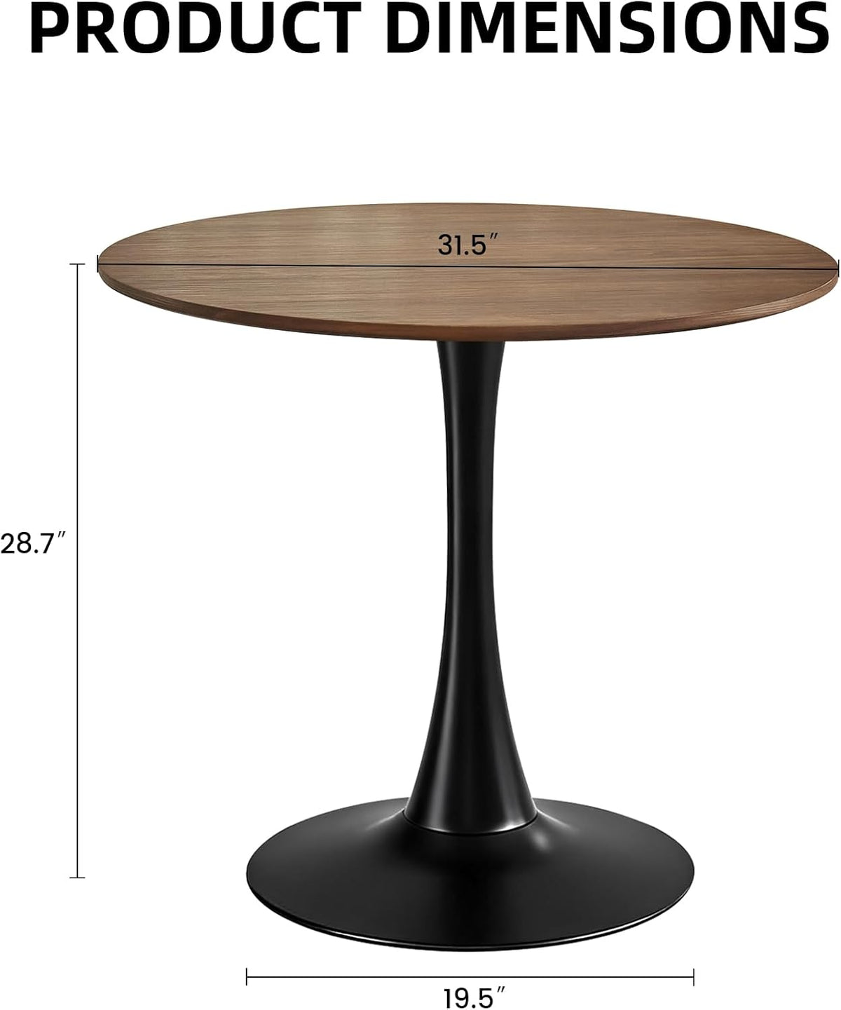 Table de salle à manger ronde, table tulipe circulaire de 80 cm dotée de plateau épais et pied en métal, table bistro moderne du milieu du siècle pour cuisine, petits espaces, salon, café (imitation noyer)