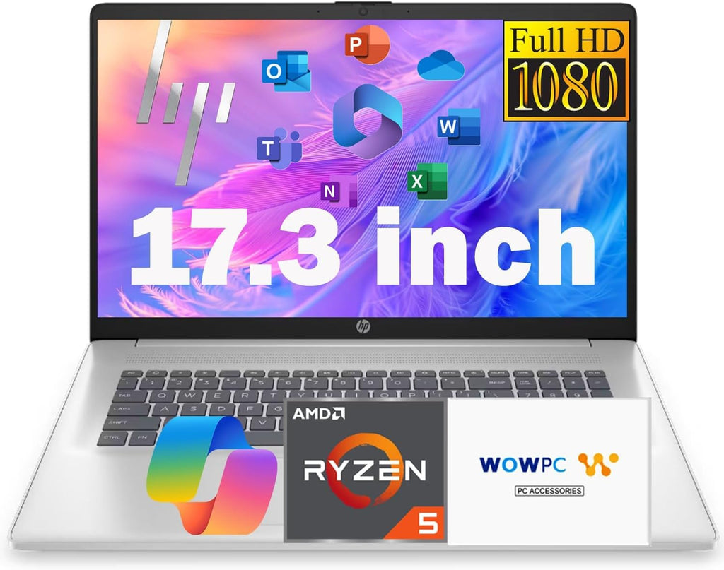 Ordinateur compact portable professionnel HP 17,3 pouces FHD avec MS Office pour le Web, processeur AMD Ryzen 5 7430U (plus performant que le Core i7-1355U), 8 Go de RAM, 756 Go de stockage (SSD 256 Go + disque dur externe 500 Go), Windows 11, WOWPC