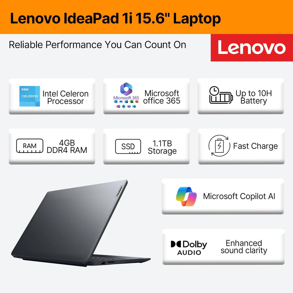 Ordinateur compact portable professionnel Lenovo IdeaPad 15,6" FHD • Microsoft Office 365 • 1,1 To de stockage • DDR4 • Processeur Intel double cœur • 1 To de stockage cloud et 128 Go de SSD • Wi-Fi 6 • Copilot AI • Windows 11 (sans souris) •