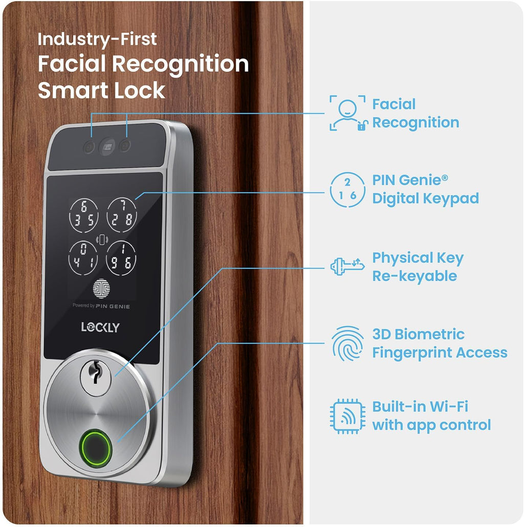 Serrure connectée Lockly Visage Zeno Series, serrure d'entrée sans clé par reconnaissance faciale et empreinte digitale, pêne dormant Wi-Fi intégré compatible doté de Apple Home Key, clavier PIN Genie, contrôle à distance via application…