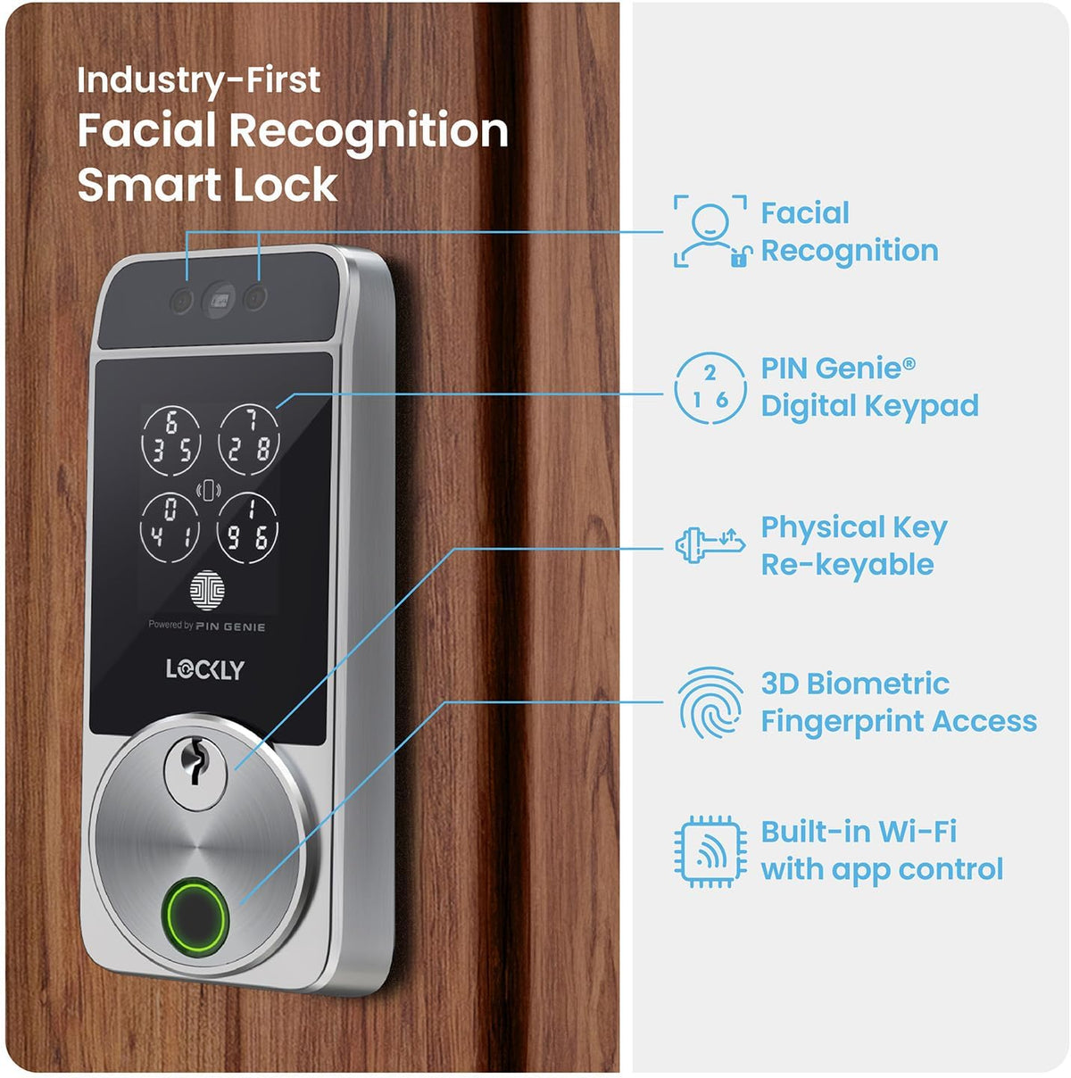 Serrure connectée Lockly Visage Zeno Series, serrure d'entrée sans clé par reconnaissance faciale et empreinte digitale, pêne dormant Wi-Fi intégré compatible doté de Apple Home Key, clavier PIN Genie, contrôle à distance via application…