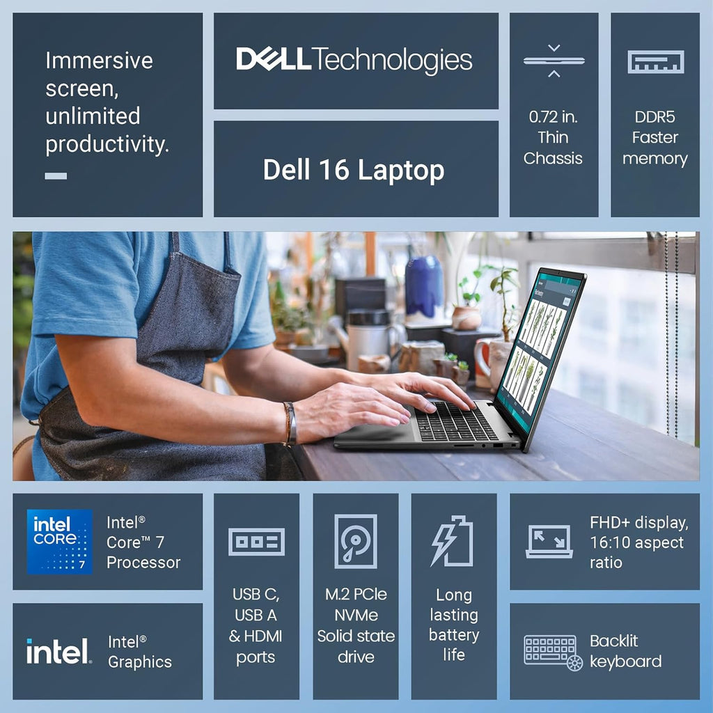Ordinateur compact portable Dell 16 pouces à écran tactile FHD+ : PC compact portable idéal pour étudiants et professionnels, processeur Intel Core i7-1355U à 10 cœurs, 32 Go de RAM DDR5, SSD de 2 To, Windows 11 Pro, clavier rétroéclairé, touche