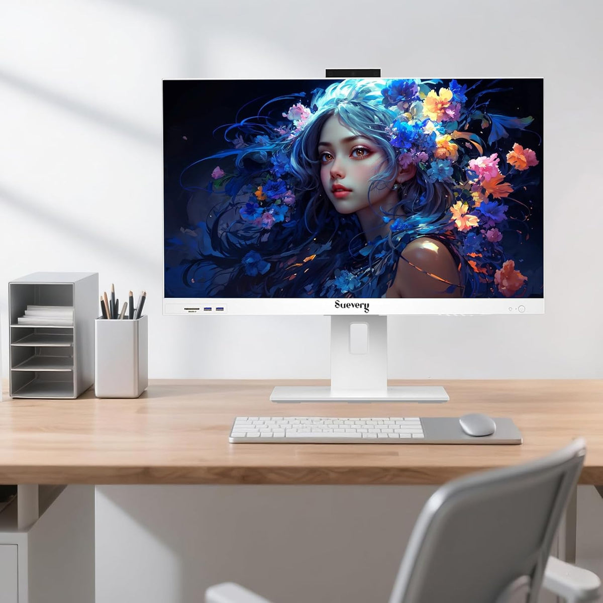Ordinateur de bureau tout-en-un 27 pouces (3840 x 2160) UHD 4K, processeur Intel Core i5 de 12e génération (allant jusqu'à 4,6 GHz), disque SSD M.2 de 1 To, 16 Go de RAM, Wi-Fi 6, blanc. Clavier et souris inclus.