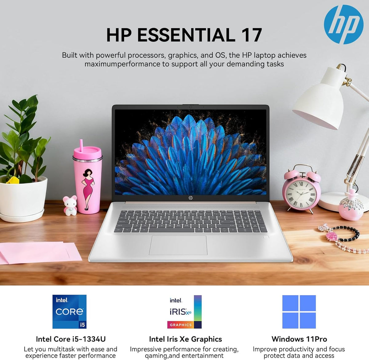 Ordinateur compact portable HP 17 : grand écran HD+ de 17,3 pouces, idéal pour les professionnels. Processeur Intel Core i5 de 13e génération (10 cœurs), Windows 11 Pro, clavier rétroéclairé, lecteur d'empreintes digitales, finition or rose, 32 Go