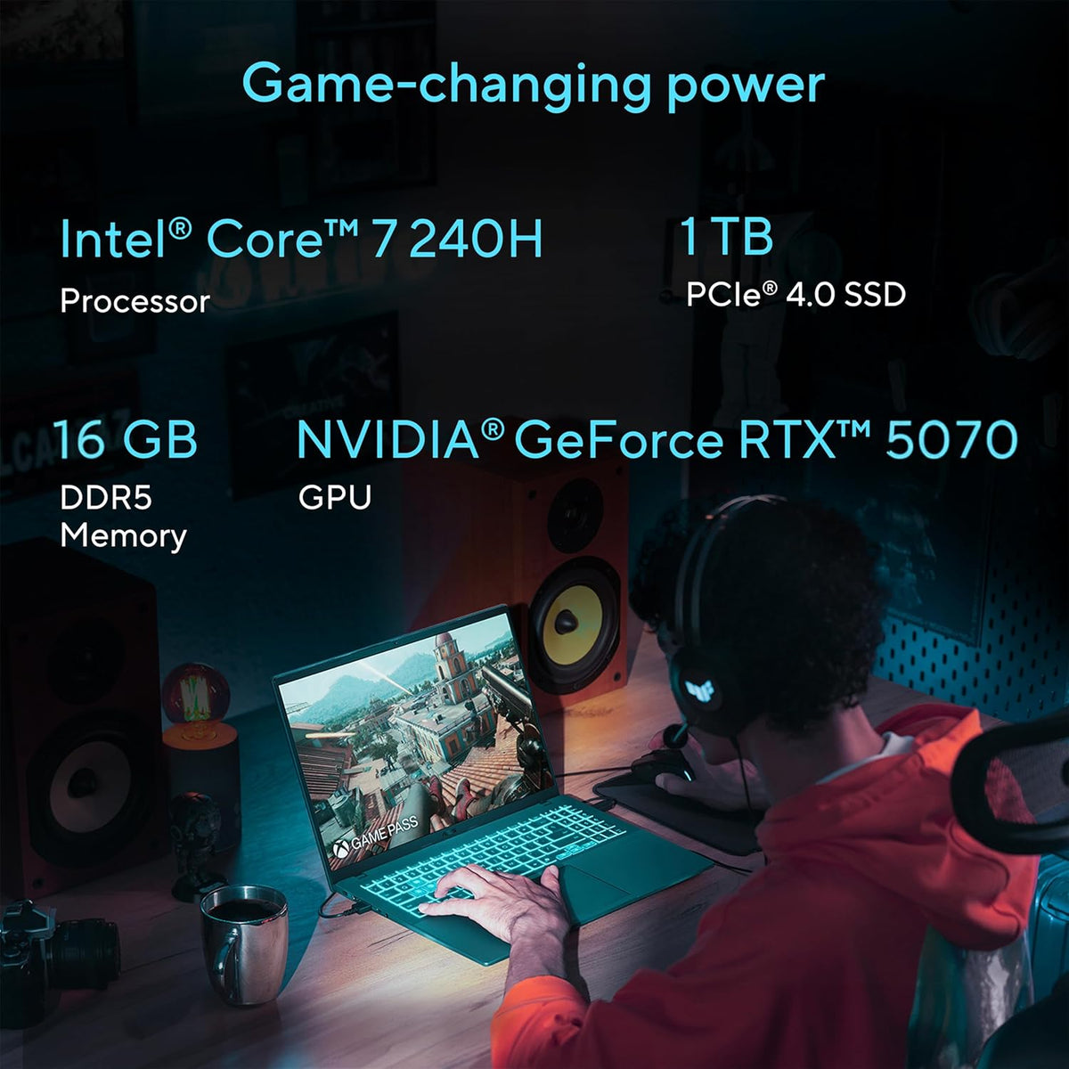 Ordinateur compact portable de jeu ASUS V16 16" WUXGA 144 Hz, Intel® Core™ 7 240H, RTX™ 5070, 16 Go de RAM DDR5, SSD de 1 To, V3607VP-DS74, Noir mat