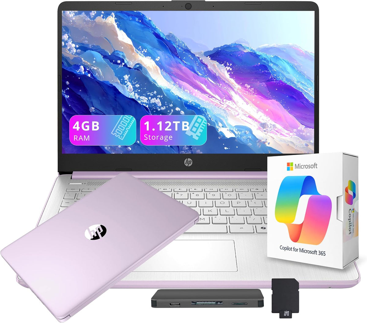 Ordinateur compact portable HP Stream 14 HD avec AI Copilot, processeur Intel N150, 4 Go de RAM, 1,12 To de stockage (128 Go UFS + station d'accueil de 1 To), carte graphique Intel, abonnement d'un an à Office 365, Wi-Fi 6, Windows 11, violet lavande