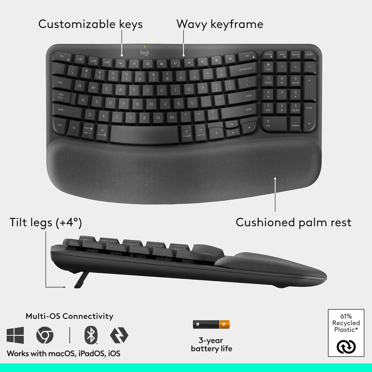 Logitech Wave Keys & Lift Vertical Mouse - Ensemble clavier et souris à connectivité sans fil ergonomiques - doté de repose-poignets rembourré, fonction Easy-Switch, Bluetooth, compatible Windows/Mac - Graphite