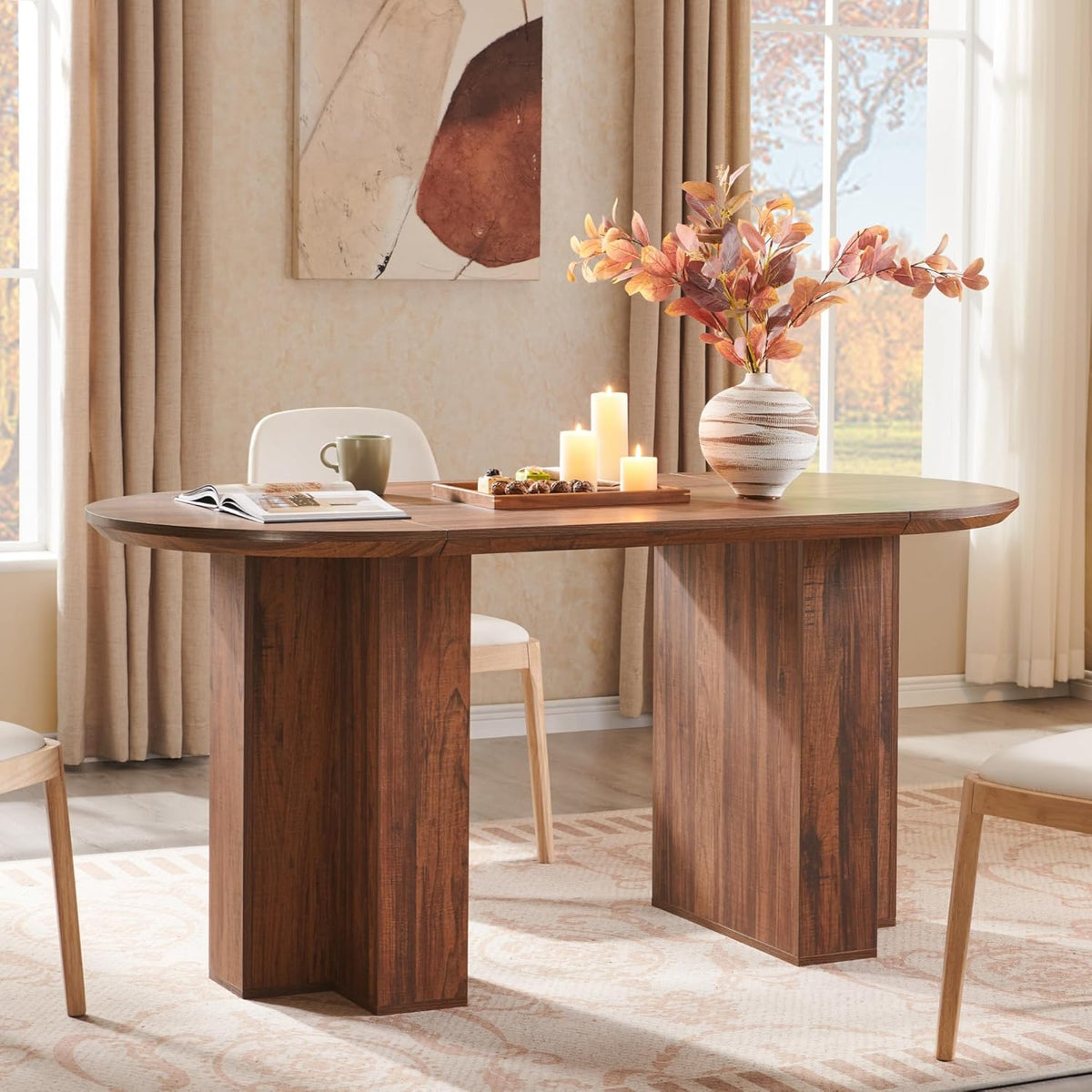 Table de salle à manger ovale moderne en bois OKD de 160 cm (63 pouces) pour 4 à 6 personnes, dotée de piètement stable en forme de T, structure en métal et plateau épais. Table de cuisine robuste, idéale pour la salle à manger ou la cuisine. Finitio