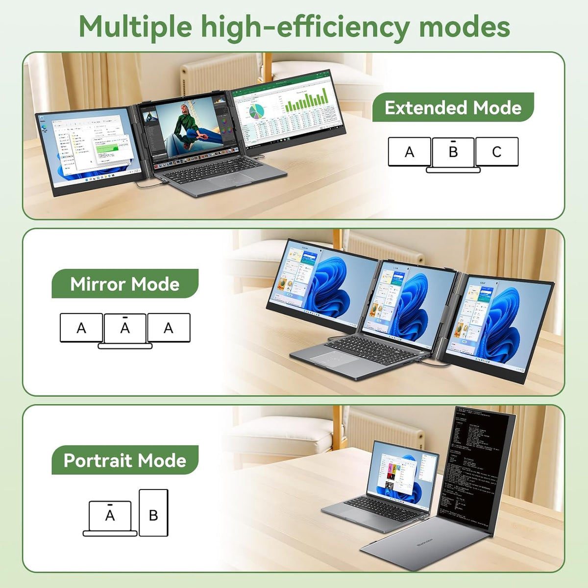 Blackview DCM8 Triple écran pour ordinateur compact portable 15,6 pouces 1080p FHD IPS, écran externe compact portable, deux câbles USB-C, compatible avec les ordinateurs portables de 13 à 17 pouces, Plug & Play, compatible avec Windows/Mac/Chrome