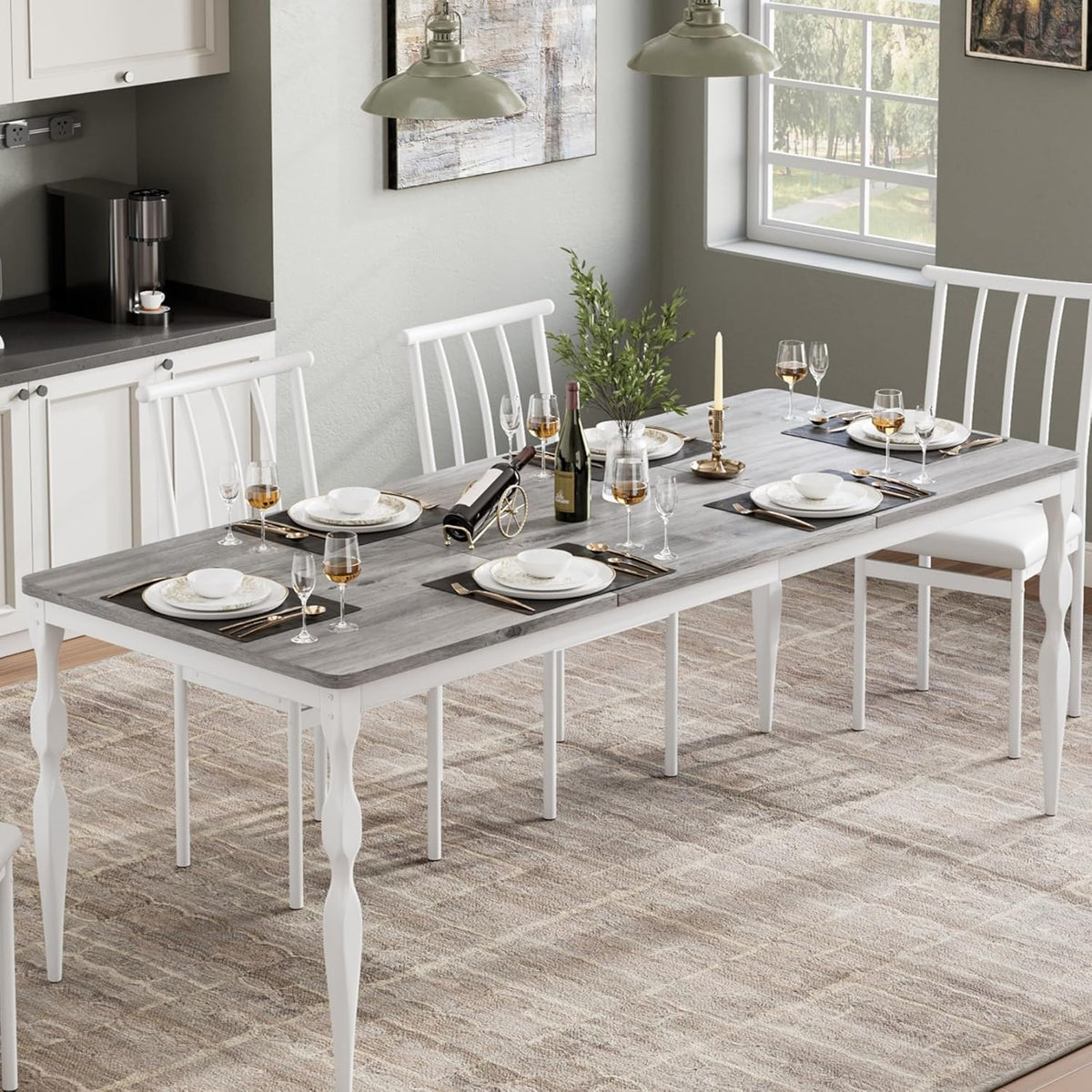 Table de salle à manger rectangulaire pour 6 personnes, 180 cm, style rustique, dotée de grand plateau, pieds robustes, idéale pour les repas en famille ou entre amis. Grise.