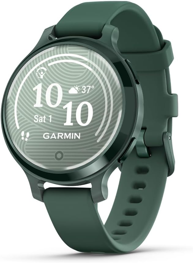 Présentation : Montre connectée Garmin Lily® 2 Active, petite et élégante, avec GPS intégré, écran dissimulé, verre à motifs, jusqu'à 9 jours d'autonomie, coloris vert jaspe et bracelet en silicone vert jaspe.