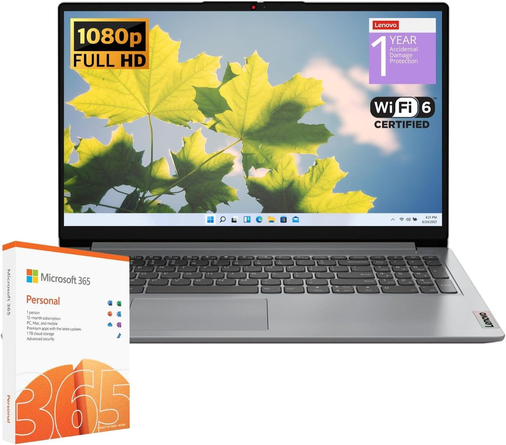 Ordinateur compact portable étudiant Lenovo IdeaPad 1, processeur Intel Dual Core, 20 Go de RAM, SSD de 1 To + eMMC de 128 Go, écran FHD de 15,6 pouces, abonnement d'un an à Office 365, Windows 11 Famille, Wi-Fi 6, webcam, Bluetooth, lecteur de