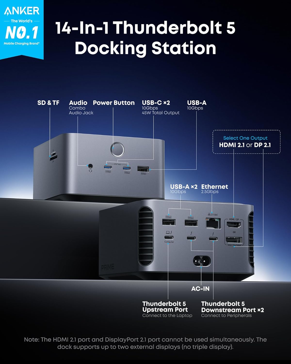 Station d'accueil Anker Prime TB5 14-en-1 Thunderbolt 5 avec transfert maximal de 120 Gbit/s, charge maximale de 140 W, système de refroidissement, double affichage jusqu'à 8K pour ordinateurs portables TBT 5/4