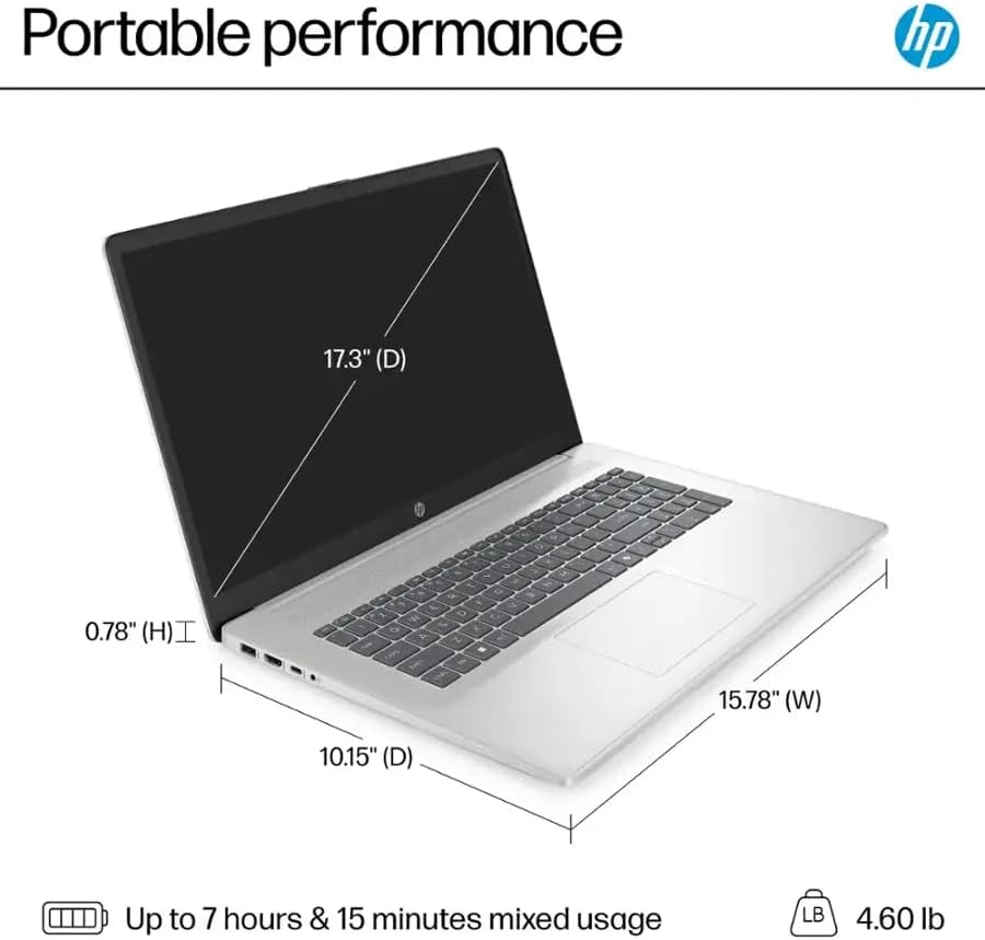 Ordinateur compact portable HP 17,3" HD+ Professionnel et Étudiant, 16 Go de RAM, SSD de 1 To, Processeur Intel Core i3 à 8 cœurs, Windows 11 Pro, Clavier numérique, Wi-Fi 6, Écouteurs PLUSERA et hub 8 en 1, Argent naturel