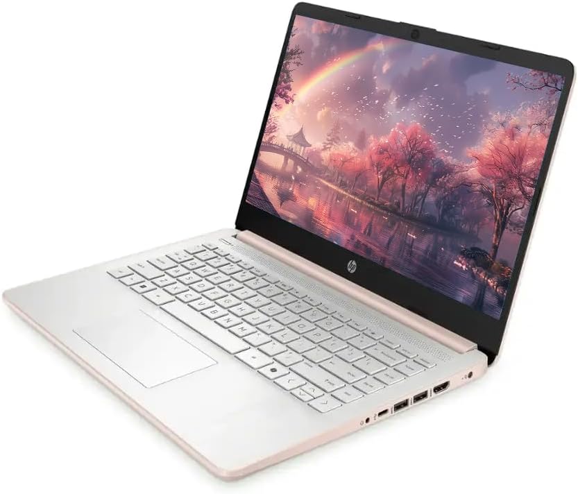 Ordinateur compact portable professionnel HP 14 avec Microsoft Office 365, processeur Intel quadricœur, 128 Go de stockage UFS + 1 To de stockage cloud, 8 Go de RAM, Windows 11, écouteurs SageNova, couleur or rose pâle.