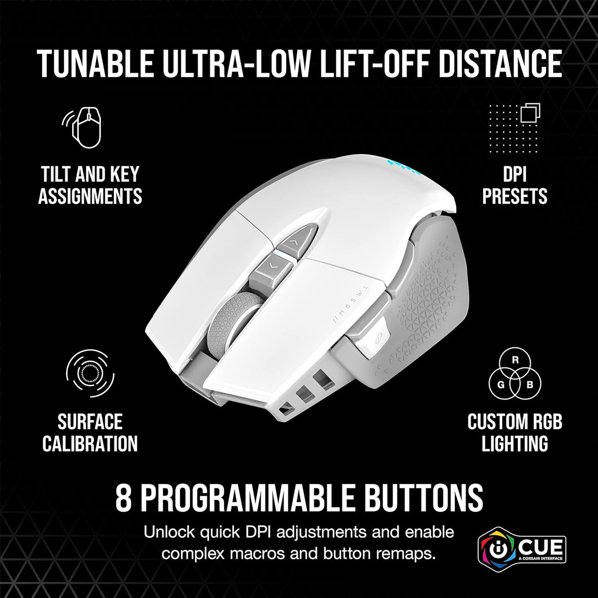 Souris gaming à connectivité sans fil Corsair M65 RGB Ultra Wireless : FPS réglable, technologie à connectivité sans fil Slipstream (moins d'1 ms), capteur optique 26 000 DPI, allant jusqu'à 120 heures d'autonomie, 8 boutons programmables – Blanche