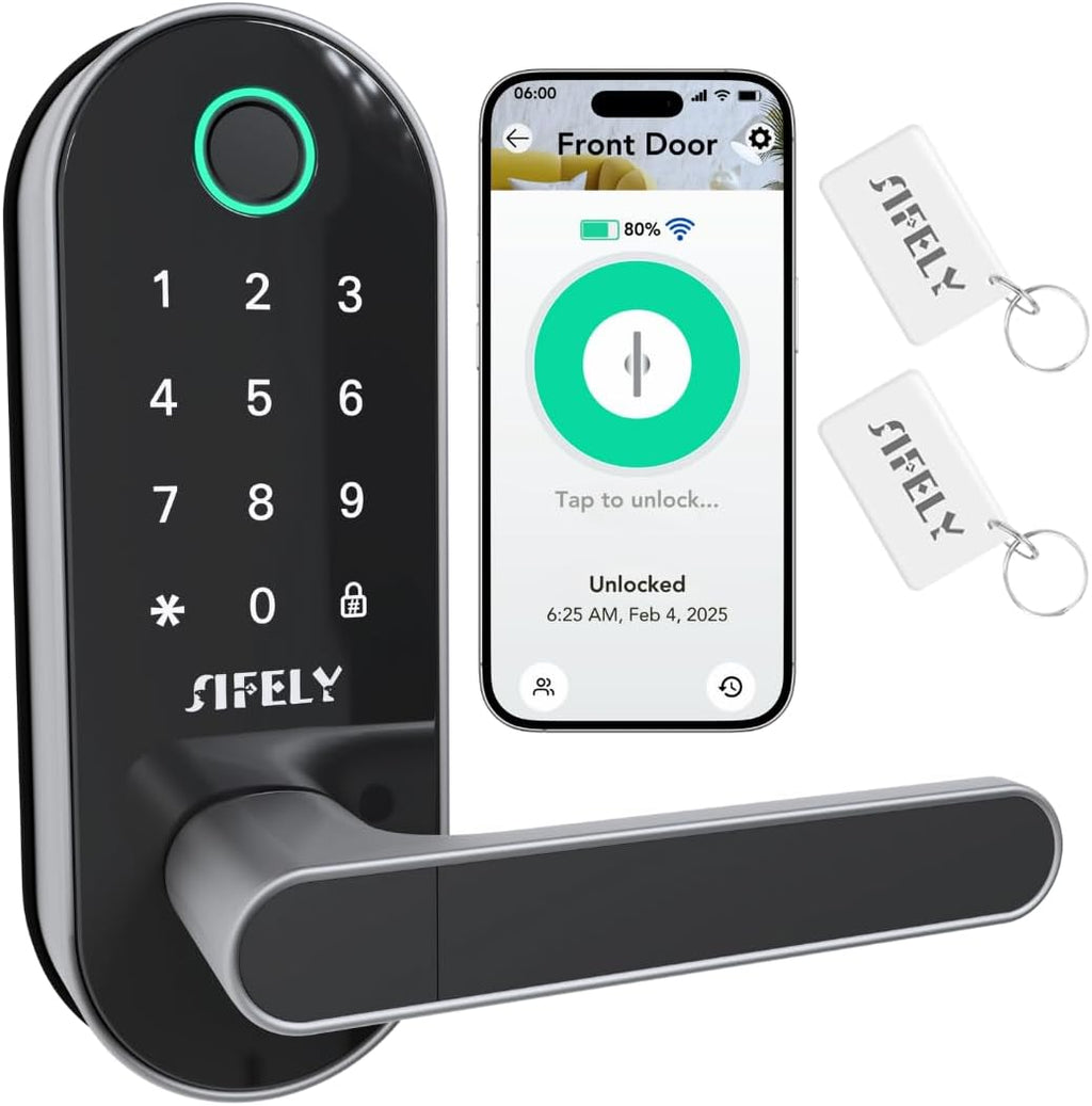 Serrure de porte intelligente doté de Wi-Fi intégré, empreinte digitale, poignée et clavier – Accès à distance et verrouillage automatique, entrée sans clé pour un usage domestique, les locations Airbnb et autres, déverrouillage 6 en 1 …