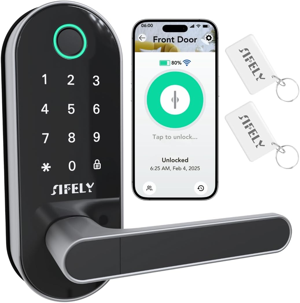 Serrure de porte intelligente doté de Wi-Fi intégré, empreinte digitale, poignée et clavier – Accès à distance et verrouillage automatique, entrée sans clé pour un usage domestique, les locations Airbnb et autres, déverrouillage 6 en 1 …